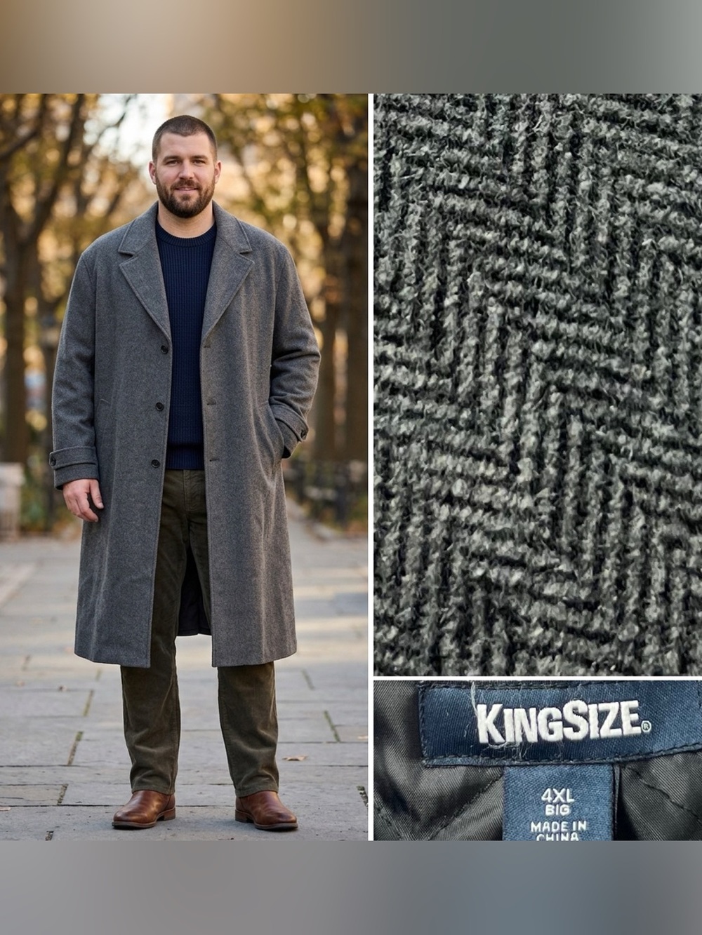 King Size 4XL Big & Tall Long Gray Herringbone Wool Blend Overcoat Quilted Lined